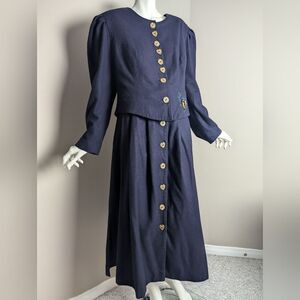 Berwin & Wolff Navy Wool Jacket & Pleated Skirt Set, Heart Buttons, Sz Approx L